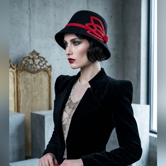 Accessories - Elegant Black and Red Wool Cloche Hat